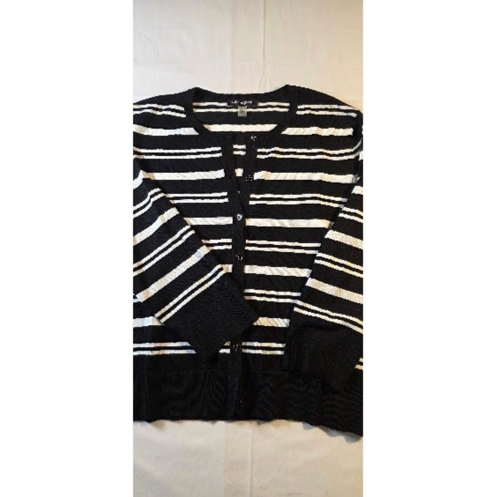 Cable & Gauge Womens Black White Striped Button Front Cardigan XL 3/4 Sleeve